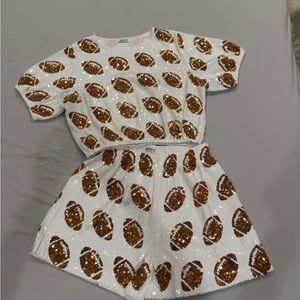 White and Gold Sequin Football Crop Top & High Waist Short Set M